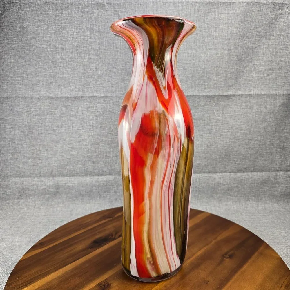 Vintage‎ Red Swirl Hand Blown Art Glass Vase Flared Rim Multi-Color 17 inch